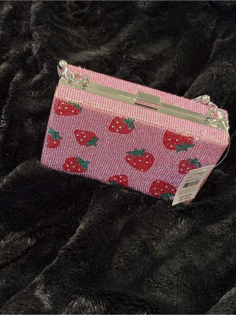 Claire's Pink Strawberry Crystal-Embellished Clutch with Silver Hardware